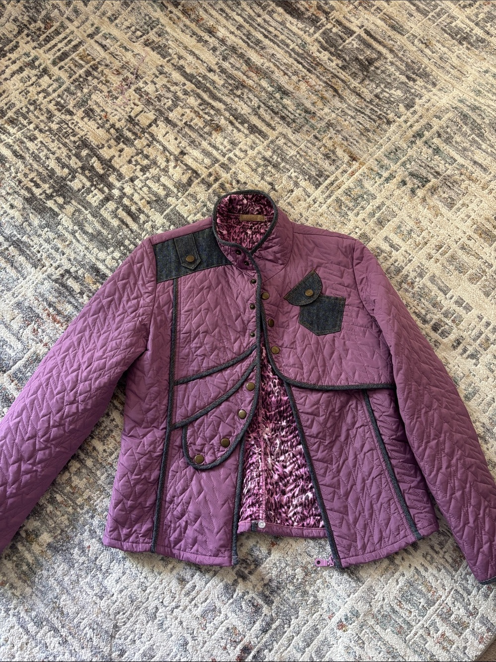 Quilted Utility Jacket in Plum with Contrast Trim